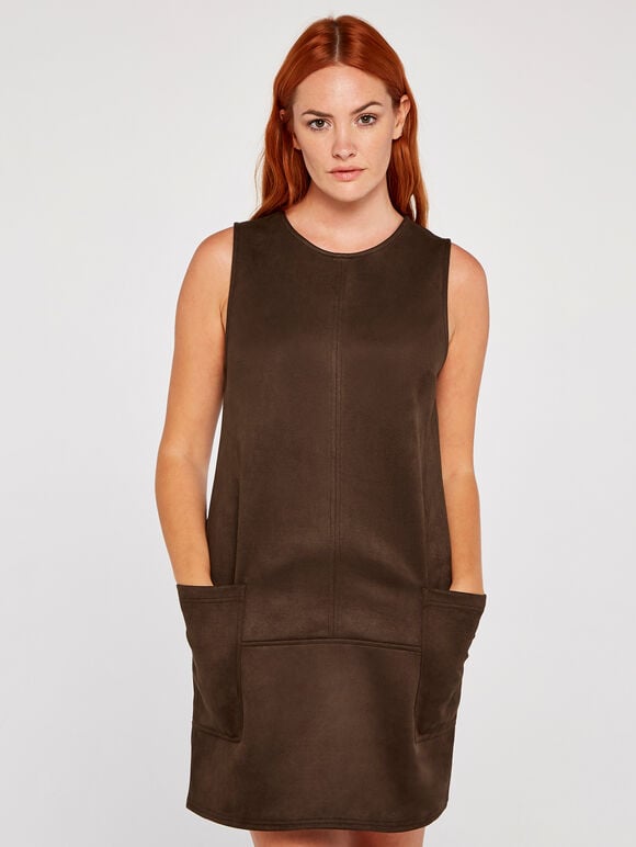 Suedette 2 Patch Pocket Shift Dress, Brown, large