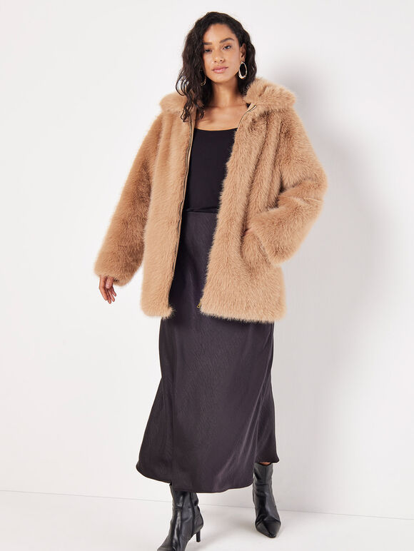 Soft Faux Fur Zipped Jacket, Brown, large