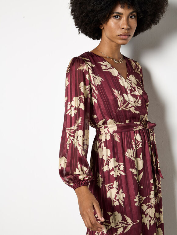 Satin Shimmer Floral Wrap Midaxi Dress, Burgundy, large