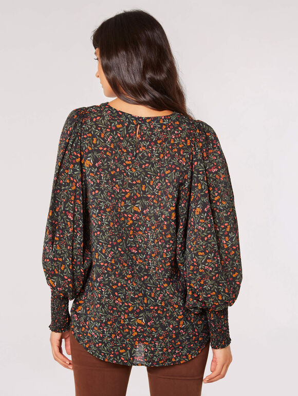 Ditsy Floral Balloon Sleeve Top, Black, large