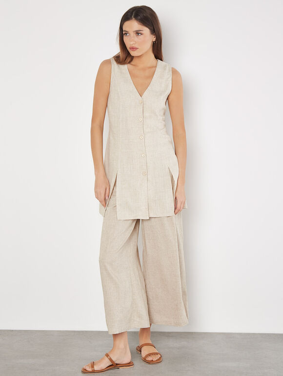 Linen Blend Longline Waistcoat, Stone, large