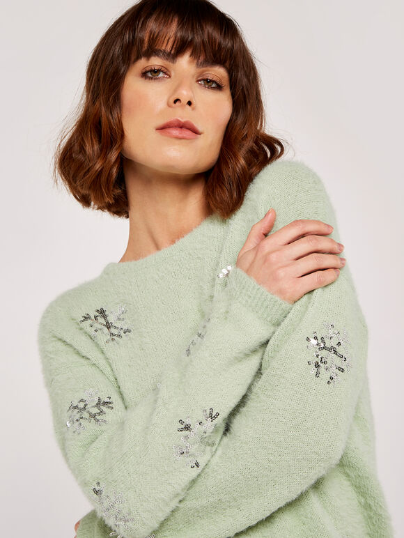 Sequin Snowflake Jumper, Mint, large