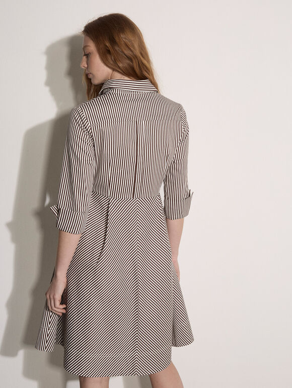Cotton Stripe Shirt Mini Dress, Brown, large