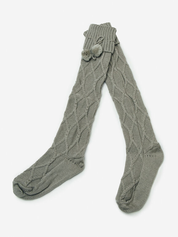 Pom Pom Knit Knee High Socks, Grey, large