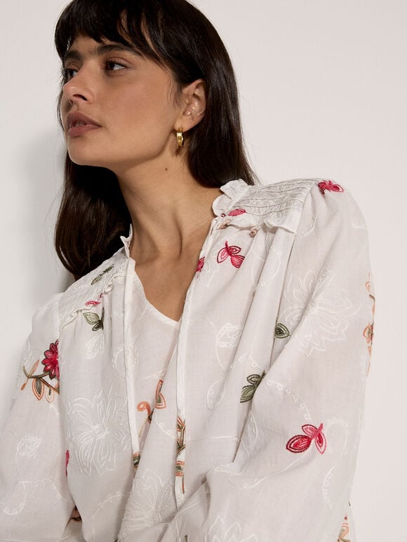 Floral Embroidered Blouse, White, large