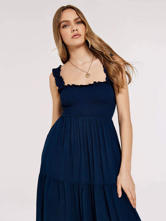 Robe midi smockée à volants, bleu marine, grand