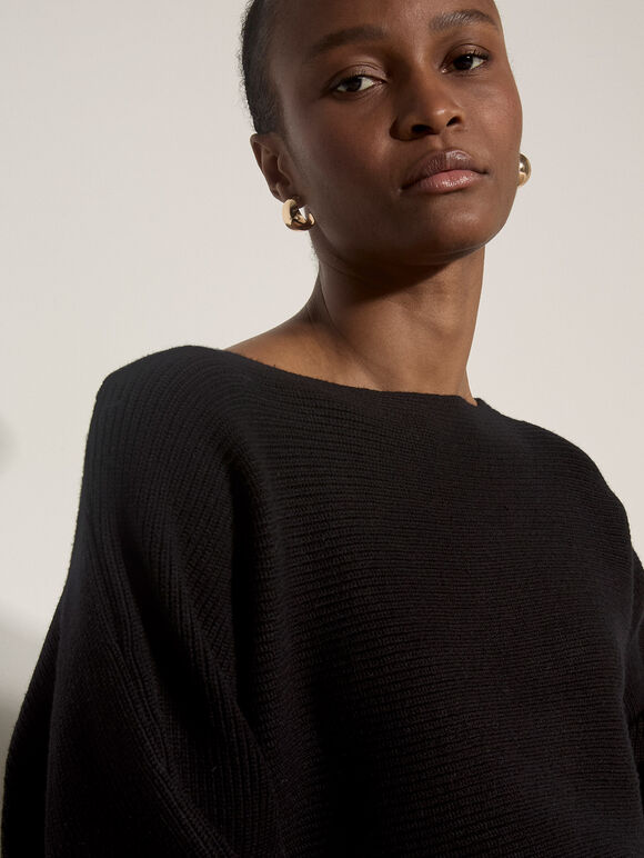 Ribbed Knit Batwing Jumper, Black, large