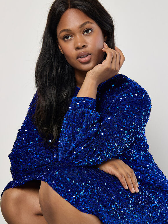 Velvet Sequin Mini Dress, Blue, large