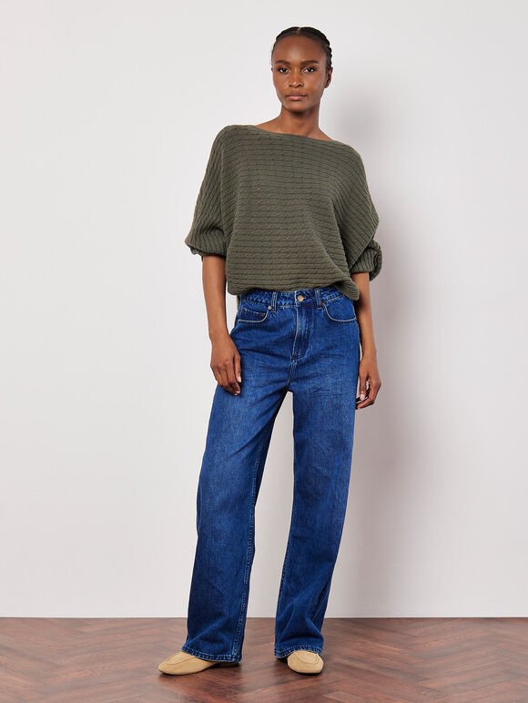 Cable Stripe Batwing Jumper, Khaki, large