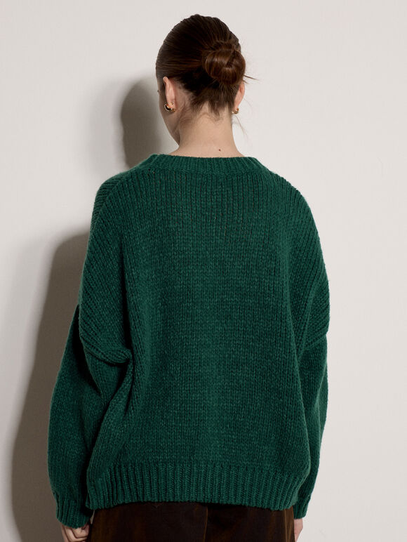 Chunky Knit Flower Applique Jumper, Pine Green, large
