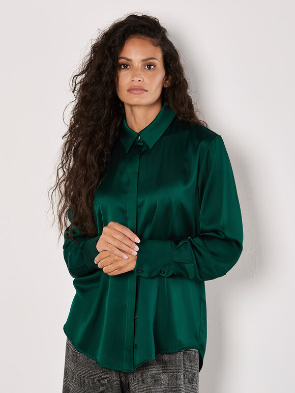 Oversized Satin Shirt, Green, large