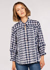 Tie-Frill Checked Shirt, Blue, large