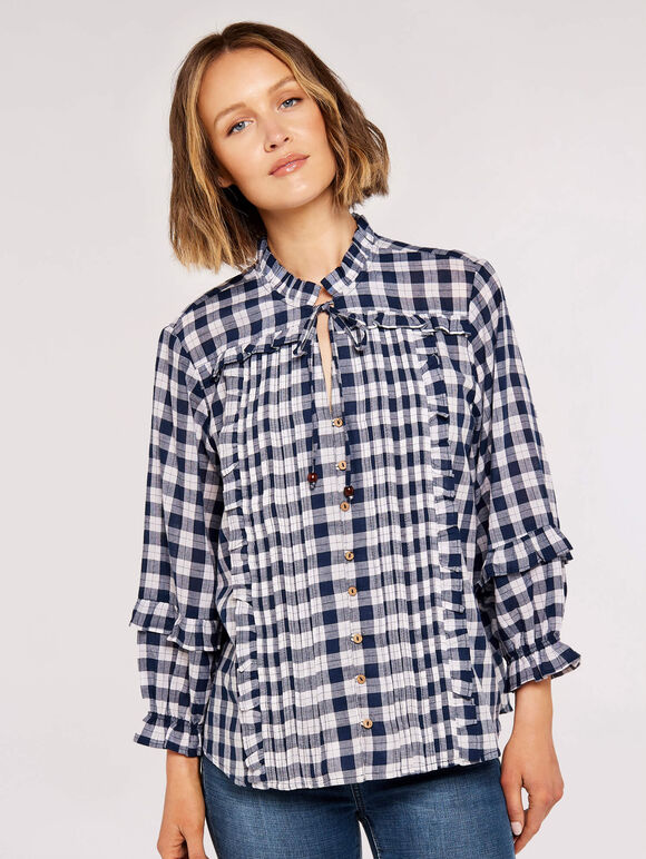Tie-Frill Checked Shirt, Blue, large