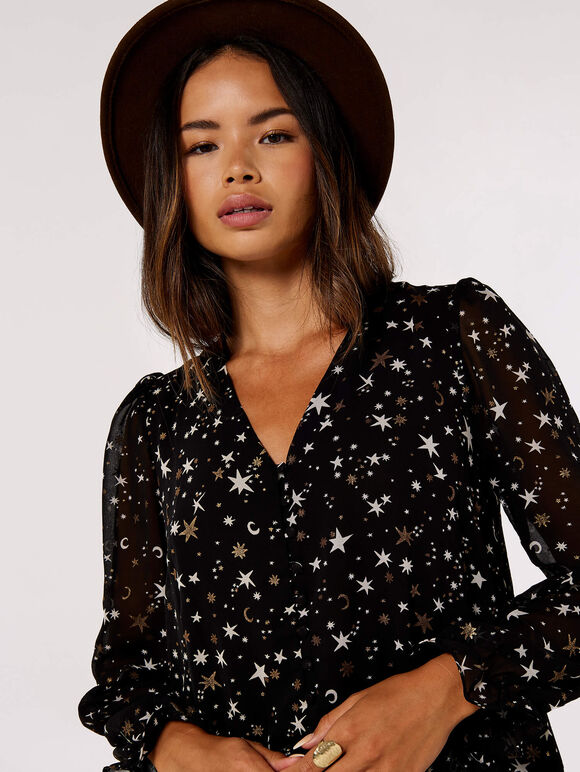 Foil Star  Smock Dress, Black, large