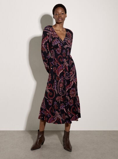 Crepe Folk Floral Midi Dress