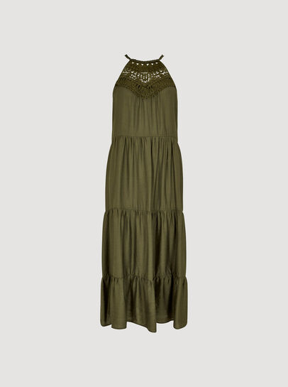 Lace Halter Neck Tiered Midi Dress