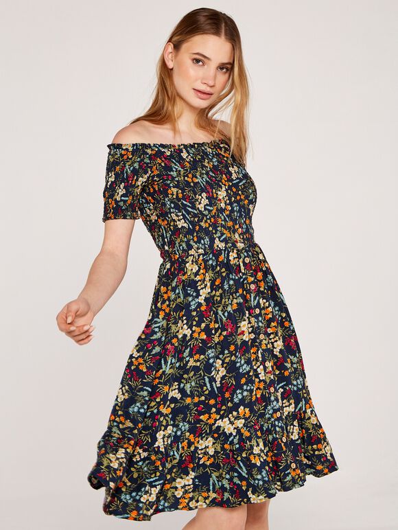 Off Shoulder Botanical Floral Dress, Navy, large