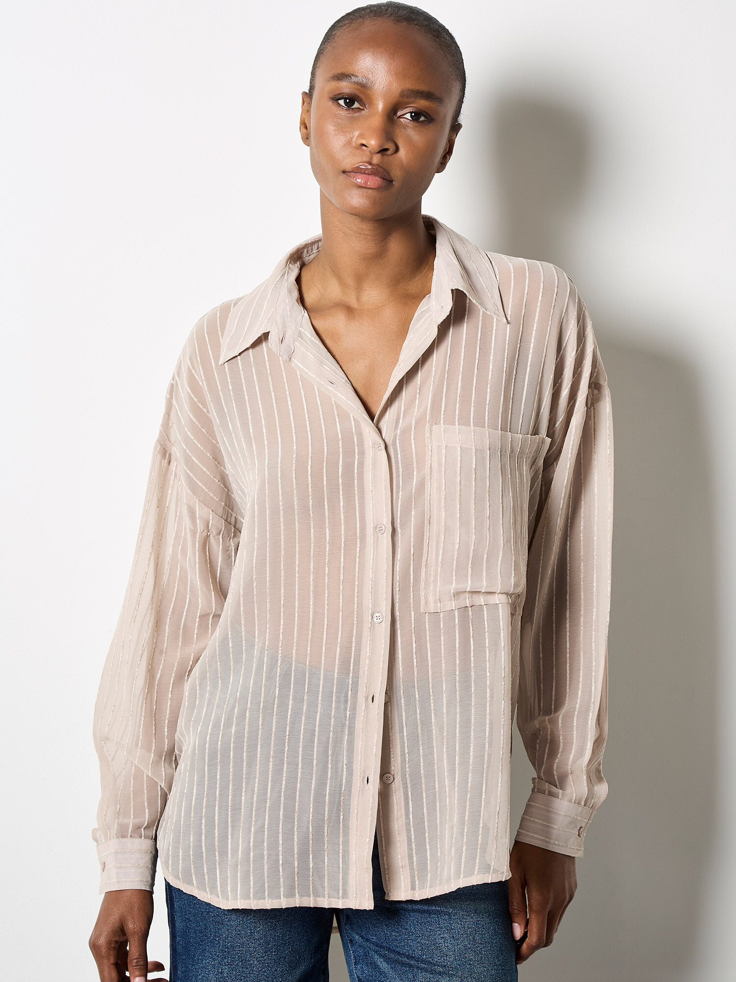 Chenille Stripe Semi-Sheer Shirt | Apricot Clothing