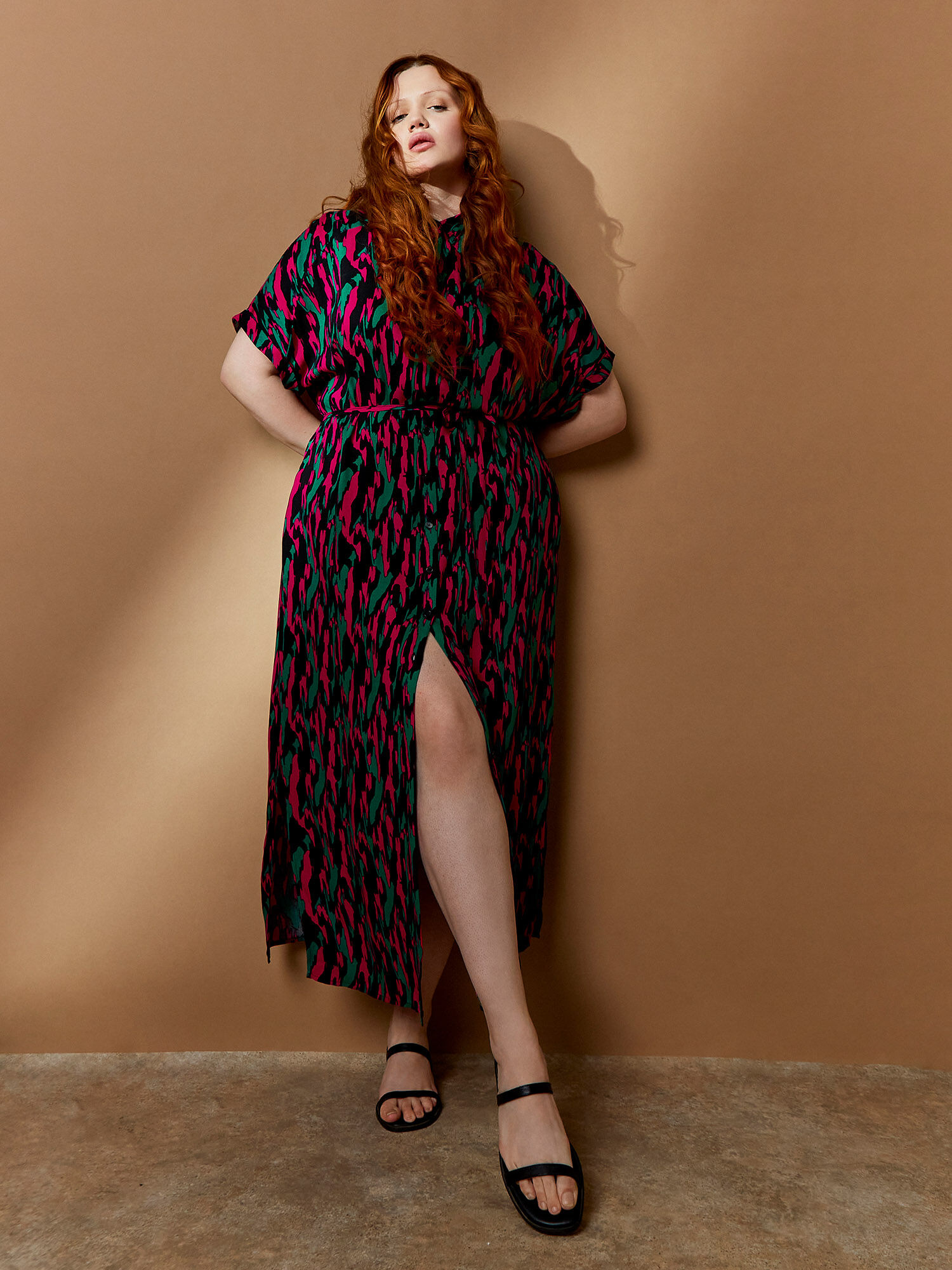 Curve Robe Chemise Midi Motif Camouflage Brosse Vetements Apricot