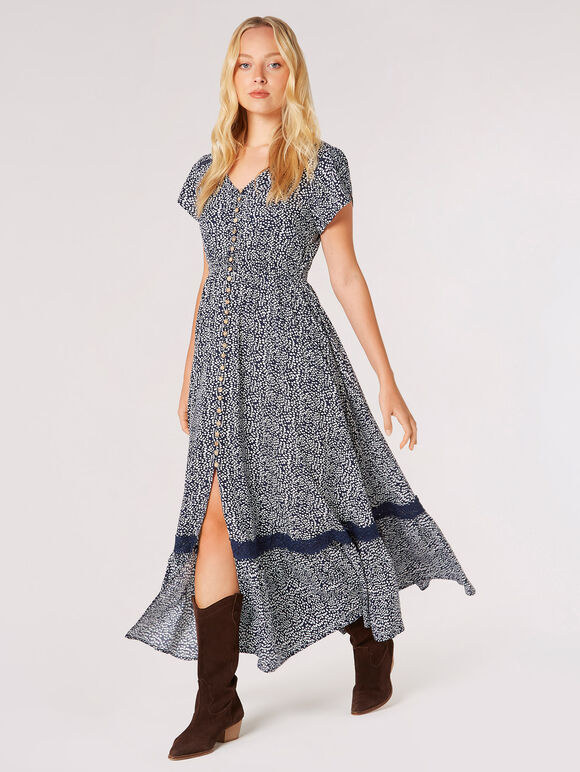 Robe longue au crochet à pois irréguliers, bleu marine, grand