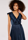 Satin Ruffle wrap Dress, Navy, large