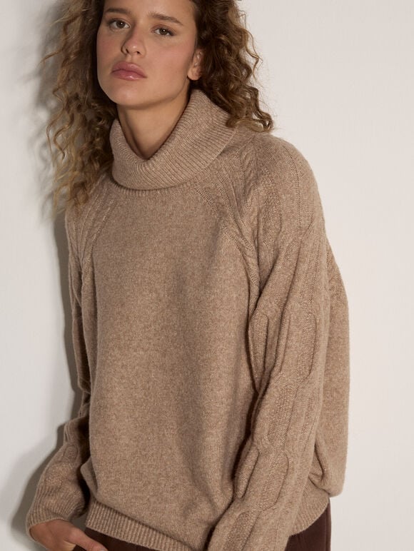 Melange Roll Neck Jumper, Mocha, large
