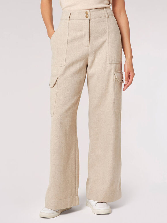 Cargo Pocket Wide Leg Trousers, Stone, large