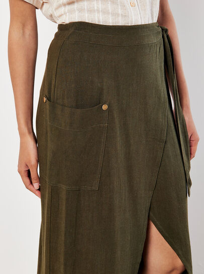 Linen Blend Wrap Midi Skirt