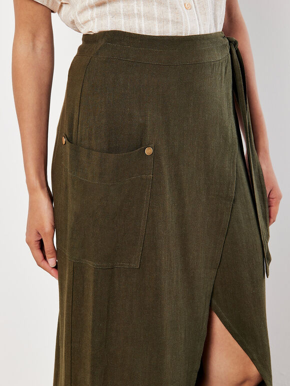 Linen Blend Wrap Midi Skirt, Green, large