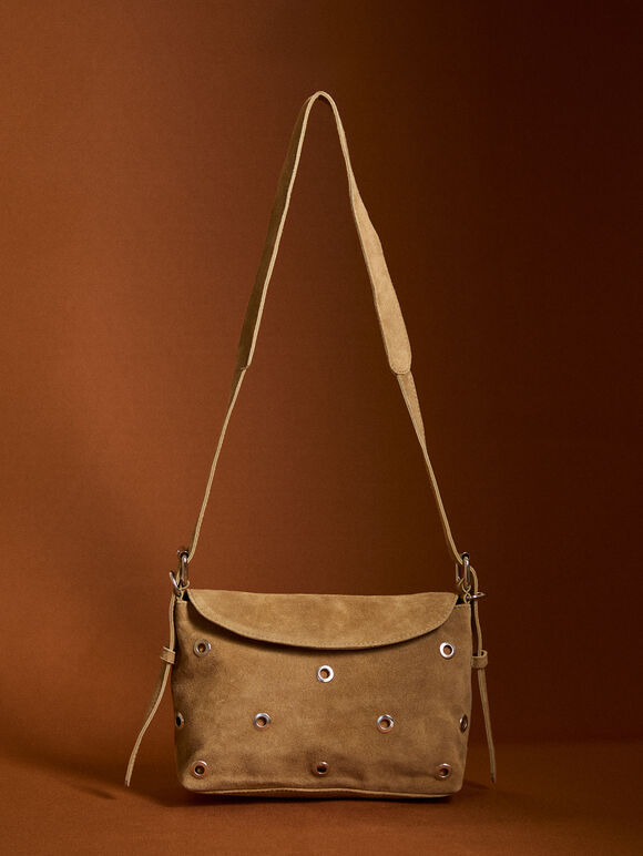 Eyelet Detail Suede Crossbody Bag, Brown, large