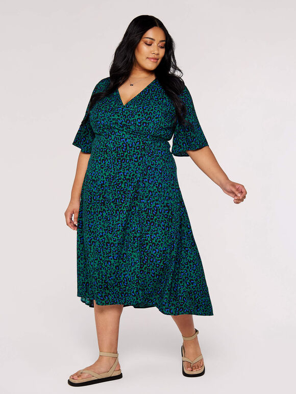 Curve Animal Print Wrap Dress, Green, large