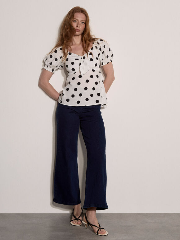 Polka Dot Tie Front Top, White, large