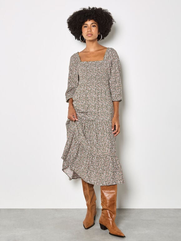 Ditsy Floral Smocked Midi Dress, Khaki, large
