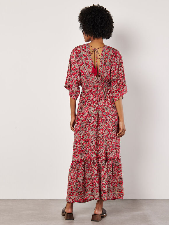 Foil Floral Paisley Satin Maxi Dress, Red, large