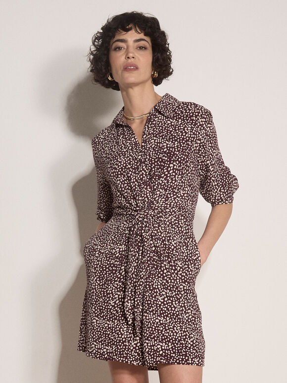 Irregular Spot Crepe Shirt Mini Dress, Burgundy, large