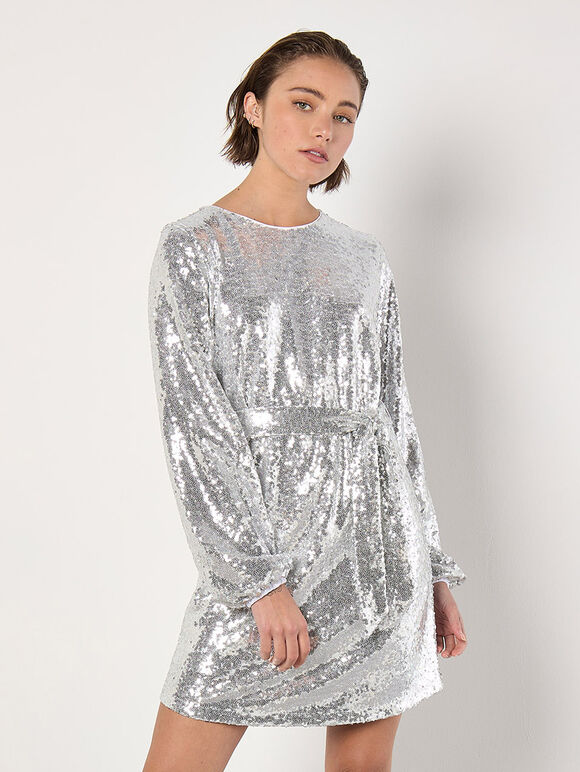Sequin Shift Mini Dress, Light Grey / Silver, large