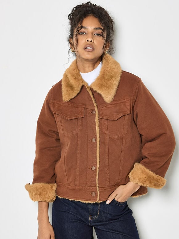 Faux Fur Lined Denim Jacket, Rust, large