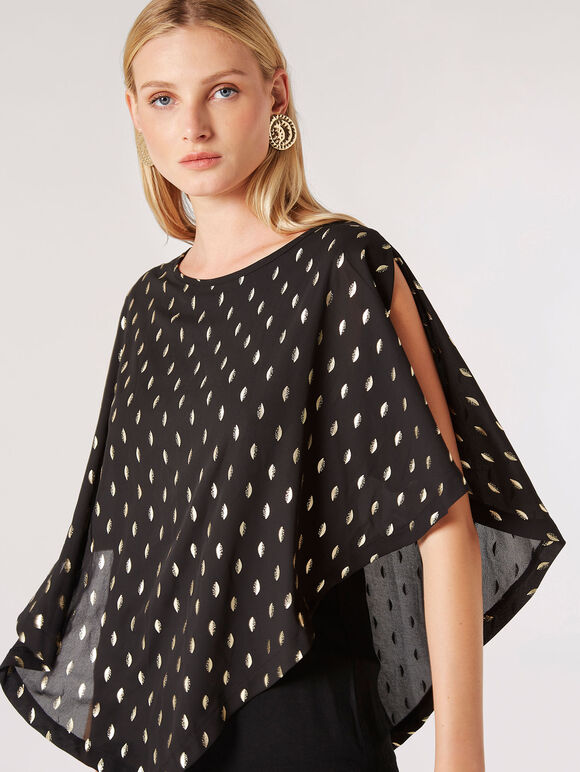 Asymmetrical Gold Foil Cape Top, Black, large