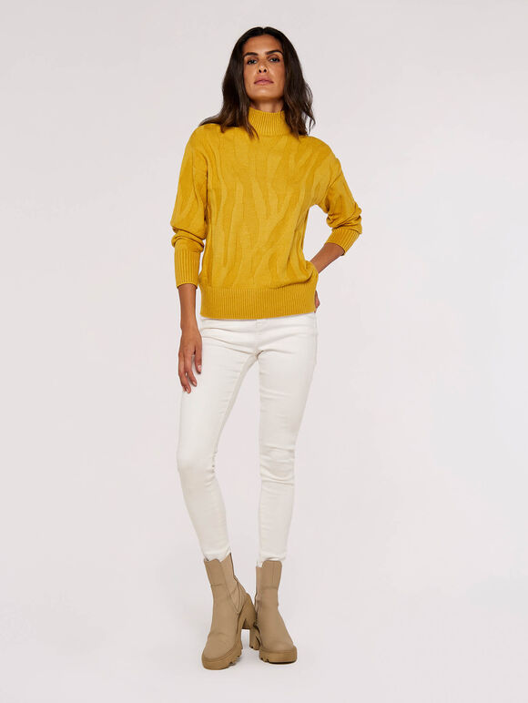 Jacquard Mock Neck Jumper, Mustard, large
