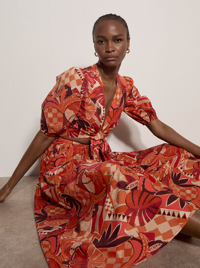 Tropical Leaf Patchwork Midi Skirt