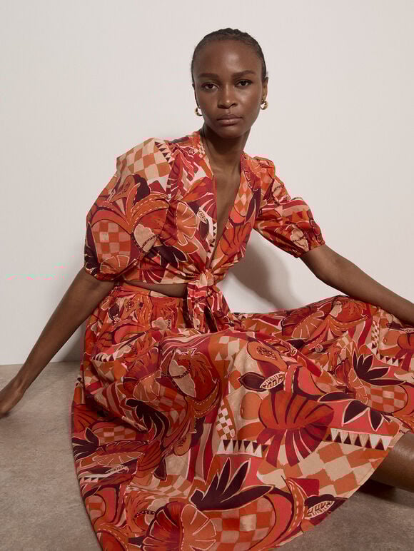 Tropical Leaf Patchwork Midi Skirt, Red, large