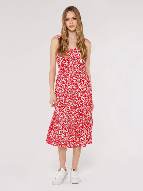 Robe Midi Mono Florale, Rouge, large