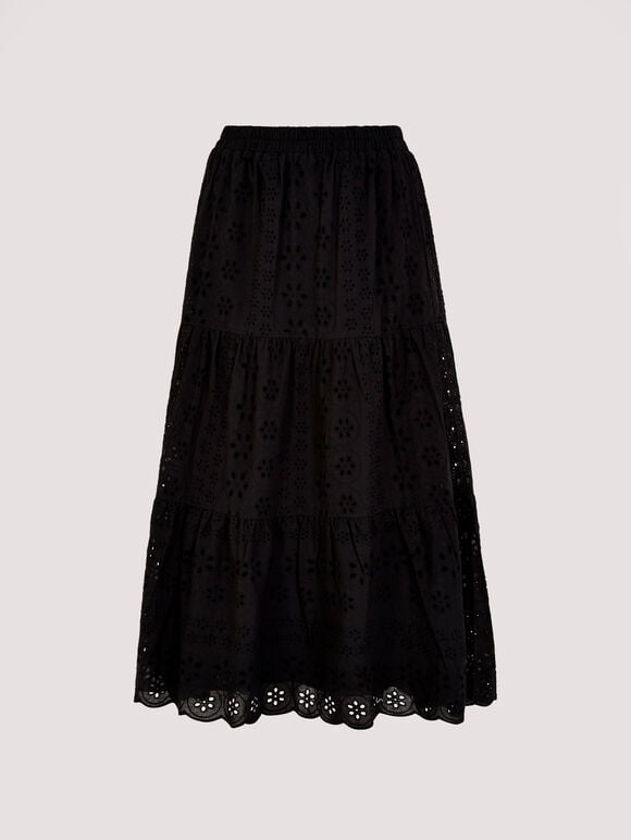 Broderie Anglaise Midi Skirt, Black, large