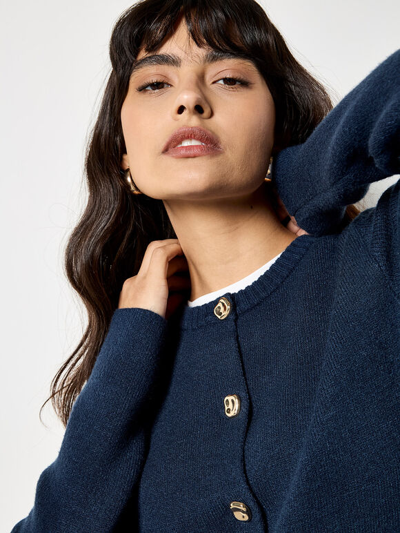 Pebble Button Cardigan, Navy, large