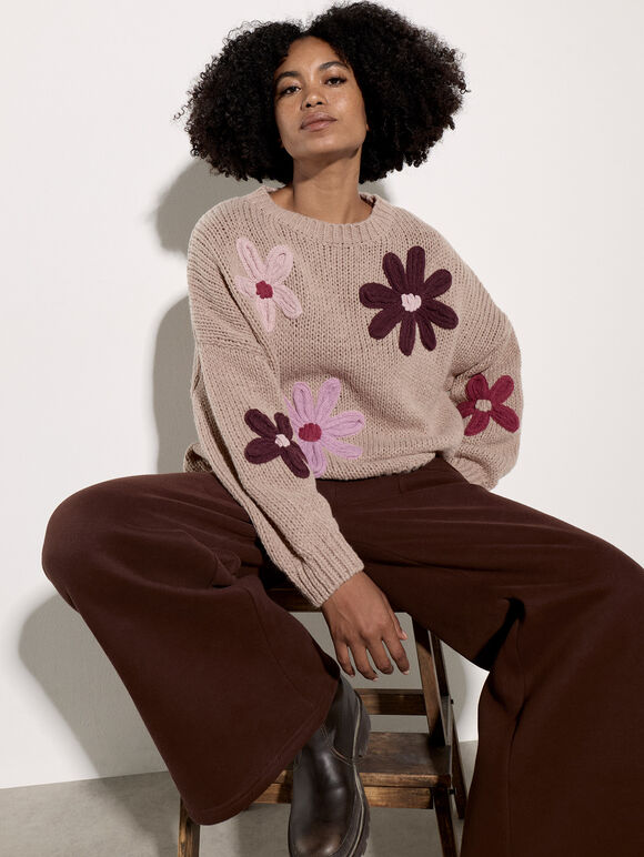 Embroidered Flower Jumper, Mocha, large