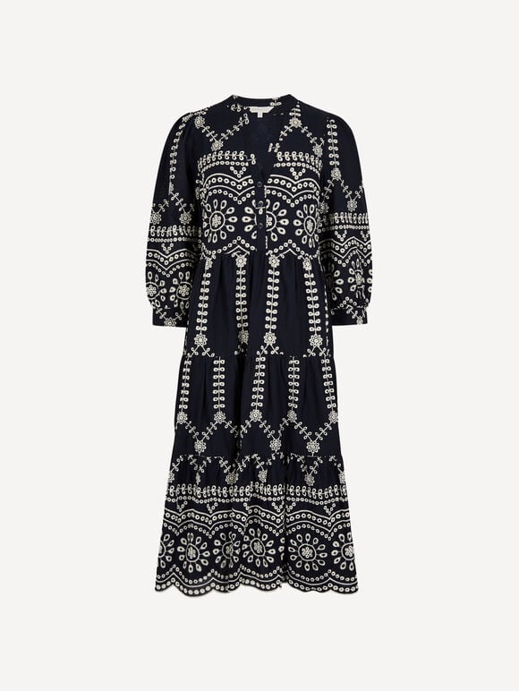 Floral Broderie Anglaise Midi Dress, Navy, large