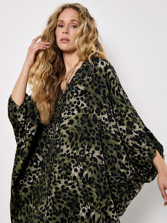 Leopard Print Kimono Midaxi Dress, Khaki, large