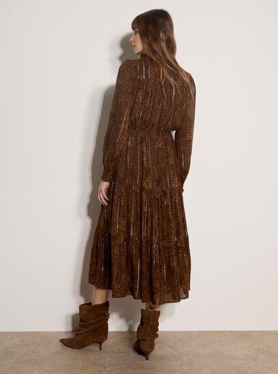 Paisley Metallic Shimmer Tiered Midi Dress