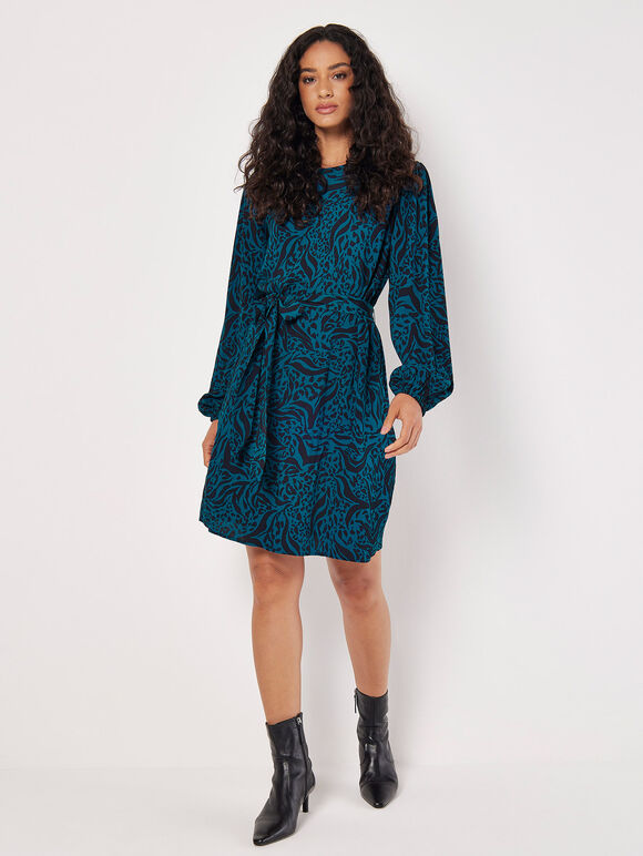 Mixed Animal Print Shift Mini Dress, Teal, large