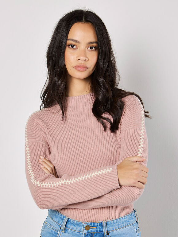 Blanket Stitch Ribbed Jumper, Pink, large